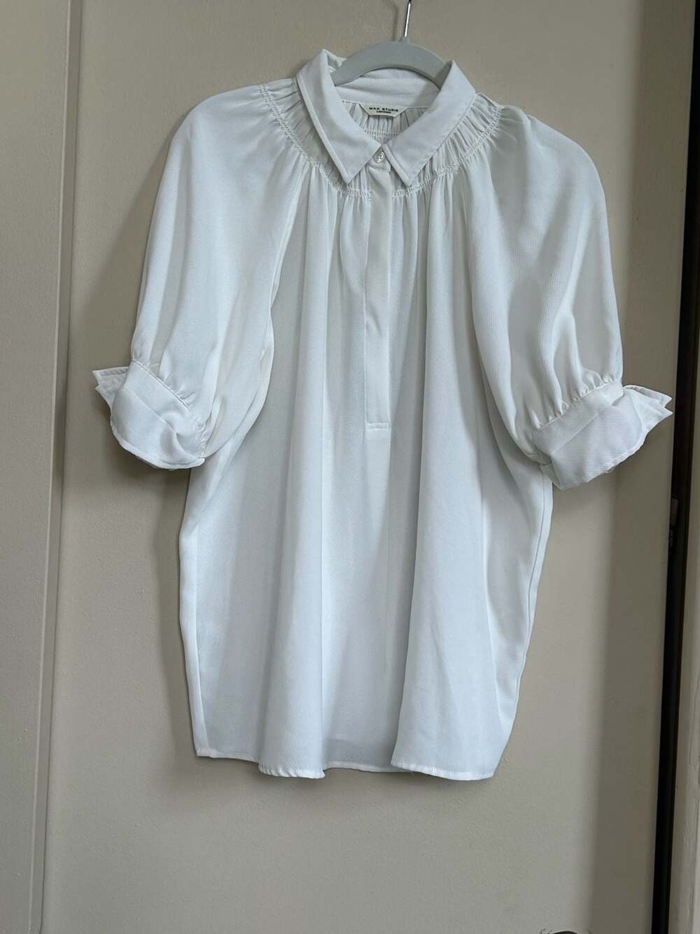 Max Studio London White Puff Sleeve Collared Blouse Top 3703T39